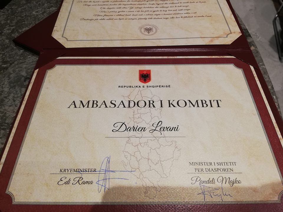 Darien Levani emërohet me titullin e nderit Ambasador  i Kombit